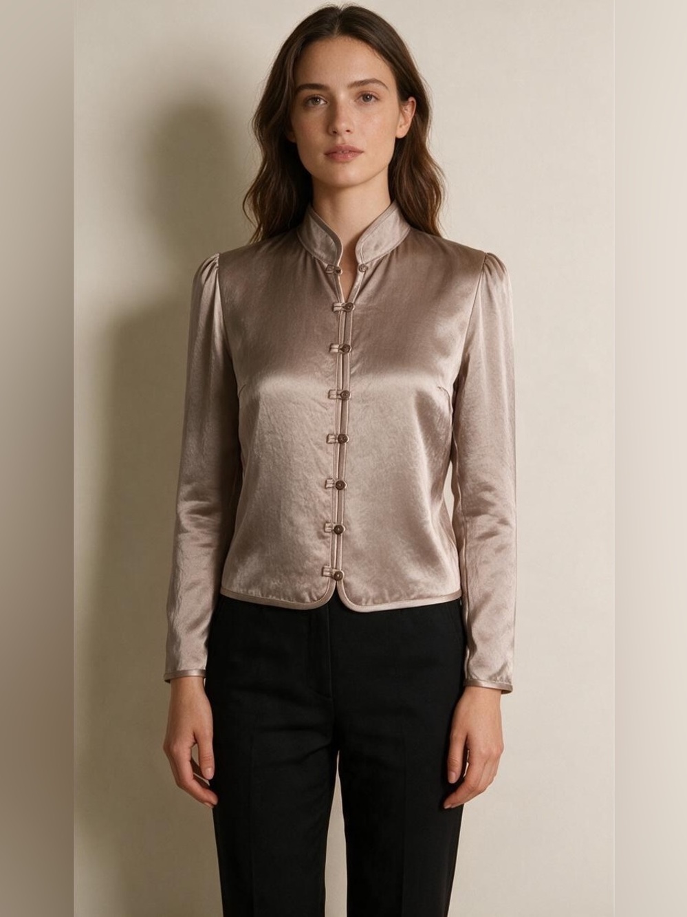 🩶 Artizia Wilfred Taupe Satin Shimmer Mandarin Collar Blouse Size Extra Small